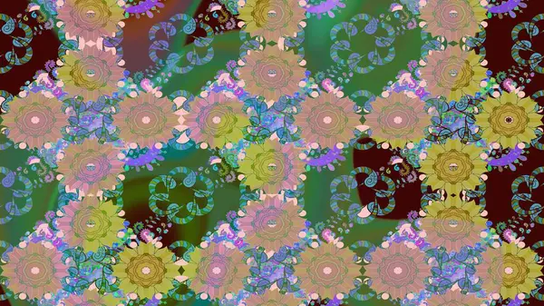 Küçük çiçekteki sevimli çiçek deseni. Bir sürü yeşil ve soyut çiçekli tropik eskiz deseni. Varicologreen Raster çizimi.