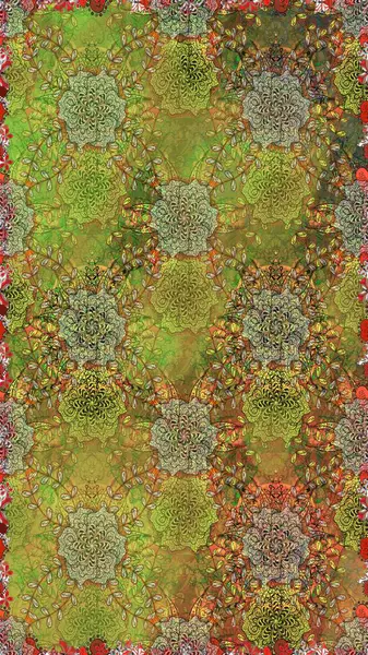 Raster illüstrasyonu. Yeşil ve kahverengi renkli çiçekler. Tropik, dikişsiz çiçek deseni..