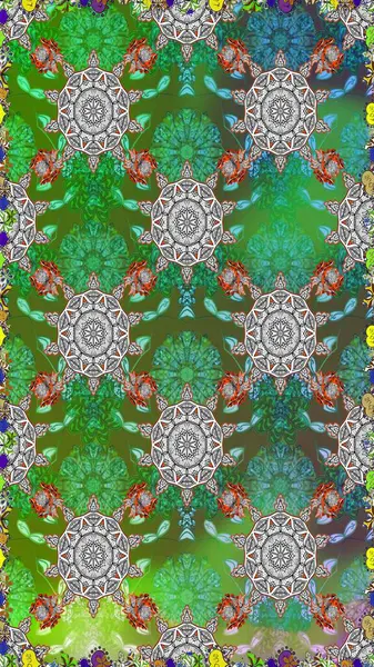 Raster Çiçek İllüstrasyonu güzel tekstil. Yeşil ve gri renkte etnik çiçeklerle kusursuz bir desen..