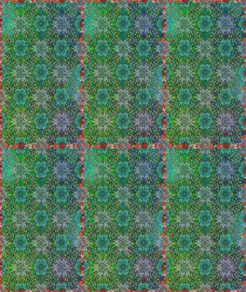 Raster illüstrasyonu. Yeşil renkli Asya tekstili. Çiçeklerle suluboya desenleri.