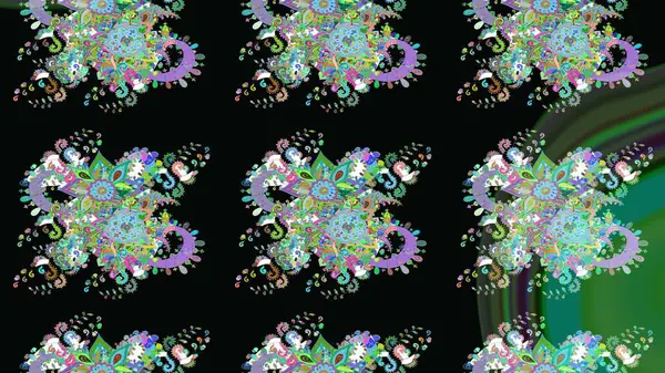 Raster Floral Illustration, Asyalı tekstil. Siyah renkli etnik çiçeklerle zarif eskiz deseni.