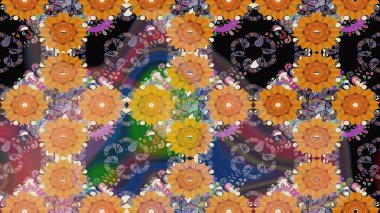 Yapraklı çiçekler ve turuncu renkli papatya çiçekleri. Raster - stok. Taslak arkaplan deseni.