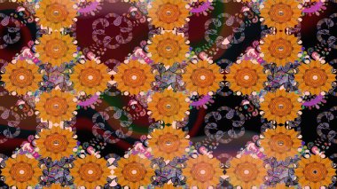 Raster - stok. Eskiz arkaplan modeli. Yapraklı çiçekler ve turuncu renkli papatya çiçekleri..