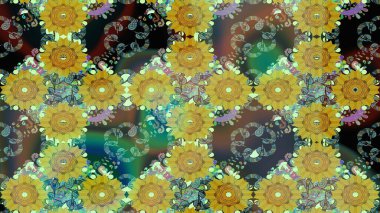 Sevimli çiçek raster deseni. Düz Çiçek Elementleri Tasarımı. Renkli Yaz Temalı eskiz kalıbı. Yeşil renkte çiçekler.