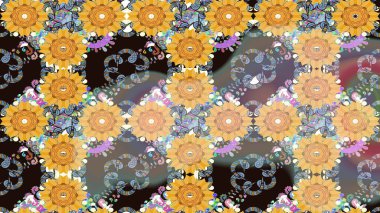 Çok renkli, zarif küçük çiçekler ve gri renkli komik böcekler, raster desen, illüstrasyon.