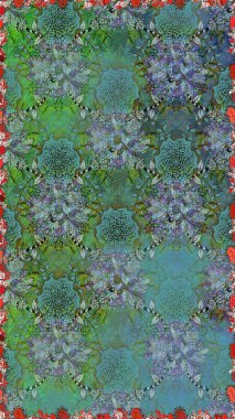 Üst manzara, yumuşak stil. Yeşil renkte manzaralı çiçek deseni. Sevgililer günü ve tebrik kartı konsepti için şık bir davetiye. Çiçek kompozisyonu, el boyası, hassas şablon..