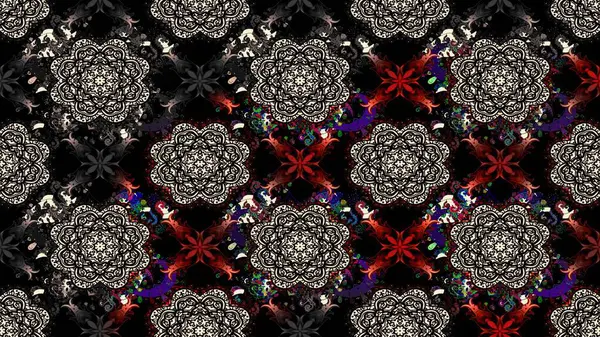 Çizim kalıbı. Raster illüstrasyonu. Çiçek duvar kağıdı. Siyah renklerde. Renkli süs kenarı. Hint süsü..