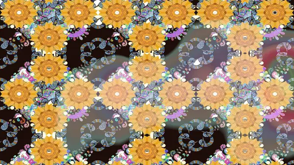 Çok renkli, zarif küçük çiçekler ve gri renkli komik böcekler, raster desen, illüstrasyon.