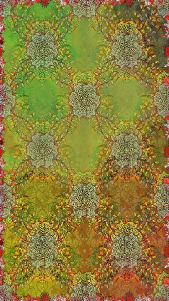 Suluboya, elle çizilmiş. Kusursuz bir arka plan modeli. Raster - stok. Vadinin çiçekleri yeşil ve kahverengi renklerde.