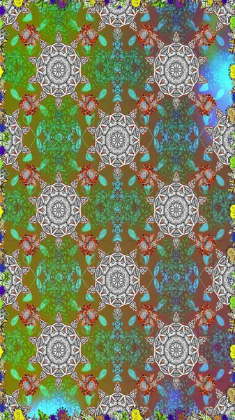 Renkli Bahar Temalı Kusursuz Arkaplan. Çiçeksel fantezi tasarımı, parlak bir arka planda, kusursuz bir desen. Düz Çiçek Elementleri Tasarımı.