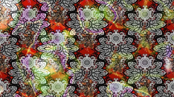 Suluboya elle çizilmiş çiçek desenli eskiz deseni. Parlak renkli fantezi çiçekleri, yapraklar, gri renkli tomurcuklar.