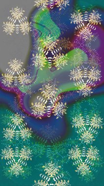 Soyut etnik raster çizim kalıbı. Vadinin çiçekleri mavi ve yeşil renklerde. Çiçekler..