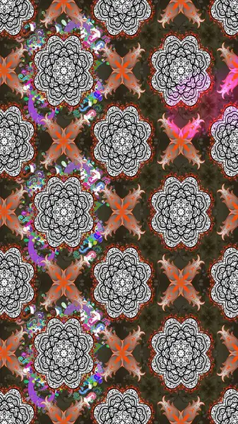 Raster illüstrasyonu. Hint süsü. Renkli süs kenarı. Çiçek duvar kağıdı. Gri renklerde. Çizim deseni.