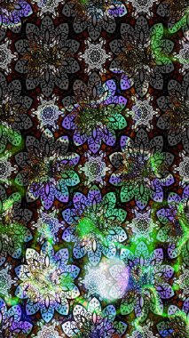 Gri renkli etnik çiçekli zarif eskiz deseni. Asya Tekstil 'inde Raster Çiçek İllüstrasyonu.