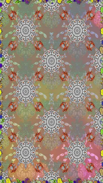 Raster Çiçek İllüstrasyonu 'nun şirin tekstili. Gri renkli etnik çiçeklerle kusursuz bir desen..