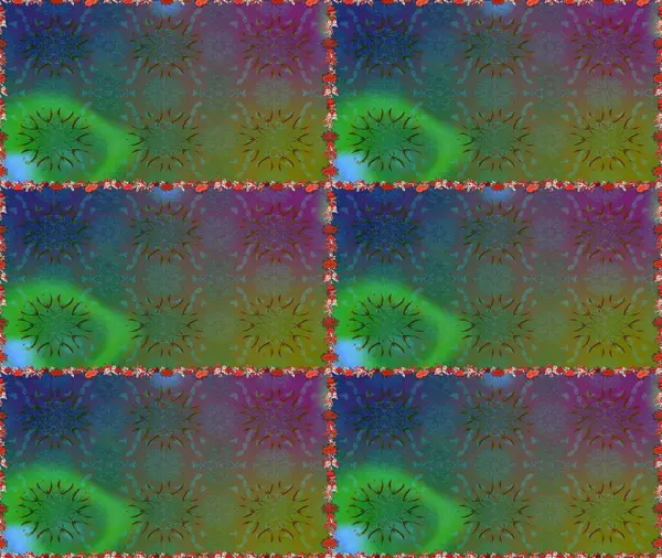 Renkli Bahar Temalı Kusursuz Arkaplan. Düz Çiçek Elementleri Tasarımı. Yeşil ve mavi renkte çiçekler. Sevimli çiçek raster deseni.