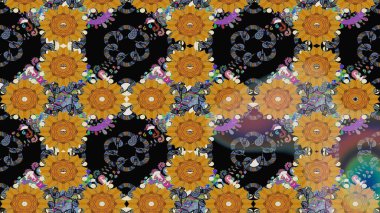 Renkli Bahar Teması eskiz kalıbı. Çiçek desenli eskiz. Düz Çiçek Elementleri Tasarım Raster illüstrasyonu. Siyah renkte çiçekler.