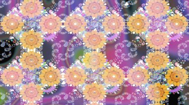 Renkli Bahar Teması eskiz kalıbı. Raster illüstrasyonundaki çiçek desenli çizim. Düz Çiçek Elementleri Tasarımı. Güzel kumaş deseni.