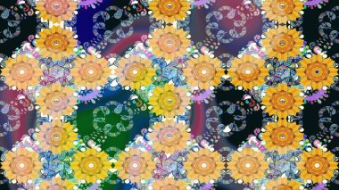 Düz Çiçek Elementleri Tasarımı. Çiçek desenli çizim. Renkli Bahar Teması eskiz kalıbı. Asya tekstil tarzında. Sarı renkli çiçekler. Raster illüstrasyonu.