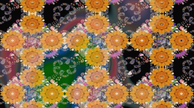 Raster illüstrasyonu. Raster illüstrasyonu. Turuncu renkli çiçekler. Asya tekstil tarzında. Çiçek desenini çiz.