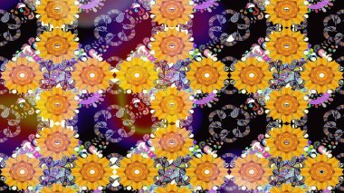 Raster Çiçek İllüstrasyonu güzel tekstil. Sarı renkli etnik çiçeklerle zarif eskiz deseni.