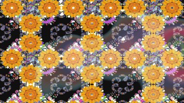 Raster Çiçek İllüstrasyonu güzel tekstil. Sarı renkli etnik çiçeklerle zarif eskiz deseni.