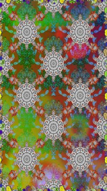 Sanat, çiçeklere ilham verir ve arka plan bırakır. Raster deseni. Yeşil el çizimi desen. Karalama çiçekleri kusursuz desen.