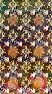 Kahverengi ve bej renkli Asya tekstili. Raster illüstrasyonu. Suluboya çiçekli çiçek deseni.