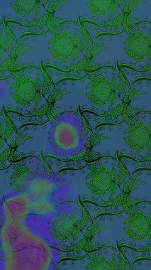 Çocuksu tasarım. Mavi arka planda. Elle çizilmiş çiçek desenli Raster çizimi. Tekstil, kumaş, ambalaj, hatıra defteri için güzel çiçek arkaplanı..