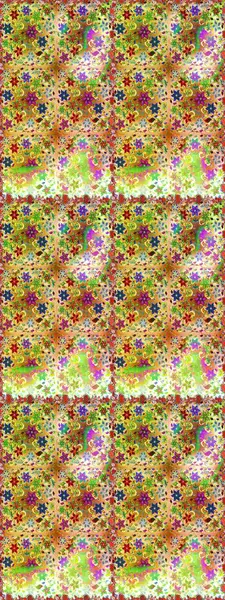 El çizimi çiçek unsurları olan soyut, dikişsiz raster deseni. 1950-1960 motifleri. Sarı ve bej üzerine sarı ve bej. Çiçekli ipek eşarp. Retro tekstil tasarım koleksiyonu.