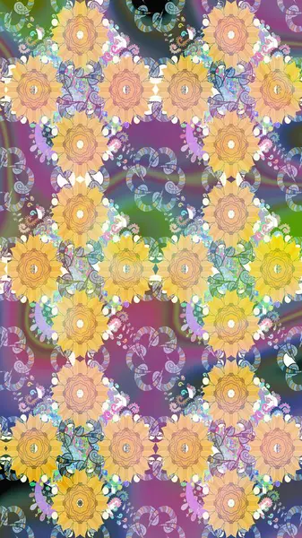 Raster illüstrasyonu. Chichi 'nin kumaş kalıbını çiz. Renkli Bahar Teması eskiz kalıbı. Düz Çiçek Elementleri Tasarımı. Çiçek deseni.