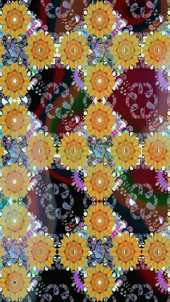 Şirin çiçekli eskiz deseni ve sarı renkli yapraklar, suluboya çiçek deseni, duvar kağıdı, kart veya kumaş için fayanslı. Raster illüstrasyonu.