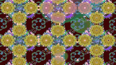 Raster Çiçek İllüstrasyonu güzel tekstil. Kahverengi renkli etnik çiçeklerle zarif bir eskiz deseni..