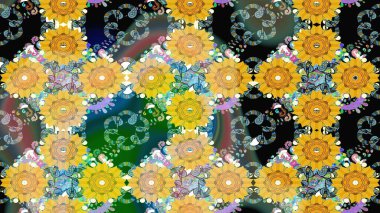 Raster deseni. Bahar çiçekleri dallı desen, sarı renkler çiçekli siluet.