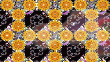Sanat, çiçekleri canlandırır ve arka planda bırakır. Karalama çiçekleri çizim kalıbı. Sarı el çizimi desen. Raster deseni.