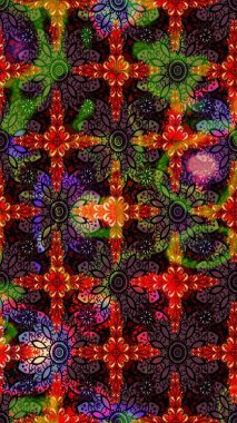 Çok renkli, zarif küçük çiçekler ve siyah renkli komik böcekler, raster desen, illüstrasyon..