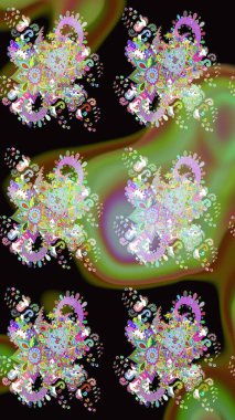 Raster Çiçek İllüstrasyonu 'nun şirin tekstili. Siyah renkli etnik çiçeklerle zarif eskiz deseni.