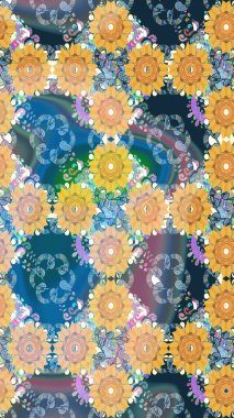 Hediye ambalaj kağıdı, tebrik kartları, posterler ve pankart tasarımı. Mavi renkli çiçekler. Raster düz çiçek çizim deseni.