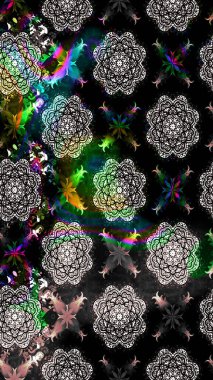 Raster illüstrasyonu. Çiçek desenli çizim. Siyah renklerde Asya tekstili.