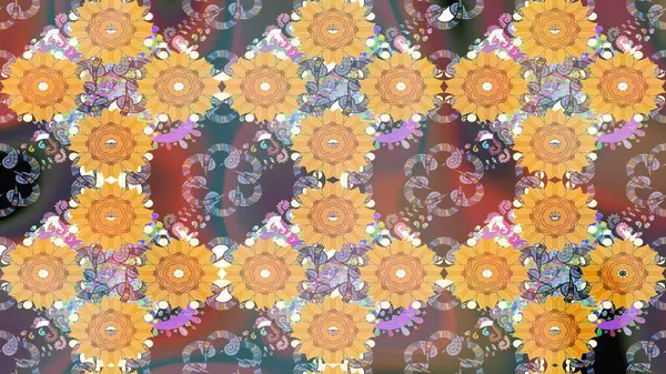 Renkli Yaz Temalı eskiz kalıbı. Düz Çiçek Elementleri Tasarımı. Bej renkli çiçekler. Çiçekli retro deseni çiz.