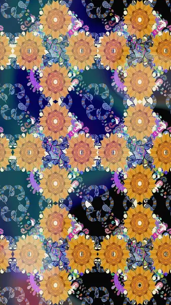 Mavi renkli çiçekler. Hediye ambalaj kağıdı, tebrik kartları, posterler ve pankart tasarımı. Raster düz çiçek çizim deseni.