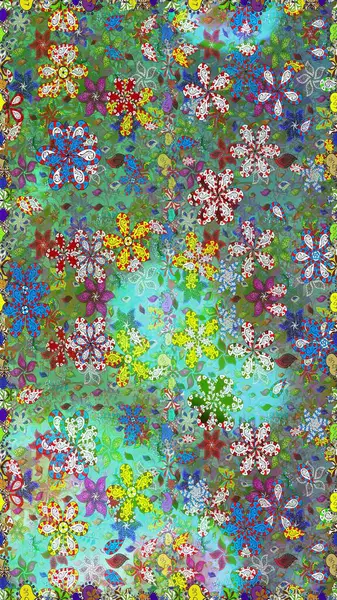 Düz Çiçek Elementleri Tasarımı. Yeşil ve mavi renkte çiçekler. Renkli Yaz Temalı Kusursuz Arkaplan. Raster illüstrasyonunda trendsiz çiçek deseni.