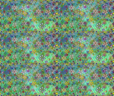 Raster illüstrasyonu. Raster deseni. Yumuşak, yaz çiçekleri yeşil ve mavi renklerde. Küçük çiçekte sevimli çiçek deseni var..