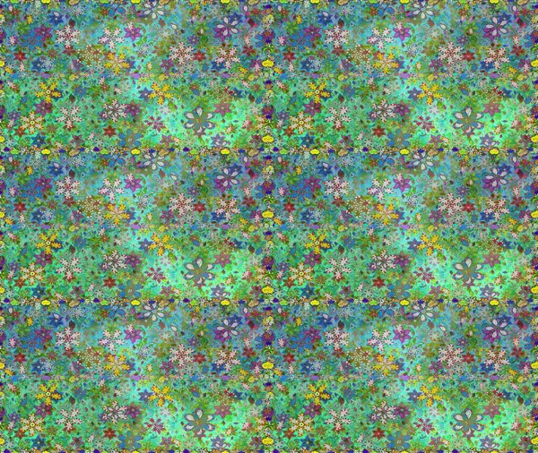 Raster illüstrasyonu. Raster deseni. Yumuşak, yaz çiçekleri yeşil ve mavi renklerde. Küçük çiçekte sevimli çiçek deseni var..