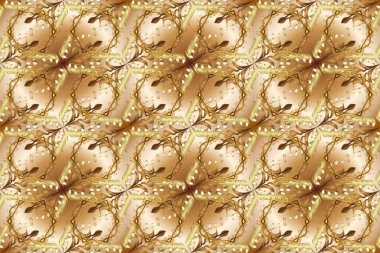 Süslü dekorasyon. Bej, kahverengi ve altın elementli nötr renklerde altın desenler. Lüks, kraliyet ve Viktorya dönemi konsepti. Raster klasik barok çiçeksiz altın desenli..