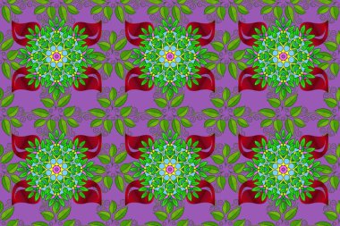 Sevimli çiçek raster deseni. Mor, mor ve yeşil renkli çiçekler. Düz Çiçek Elementleri Tasarımı. Renkli Bahar Teması Kusursuz Arkaplan.