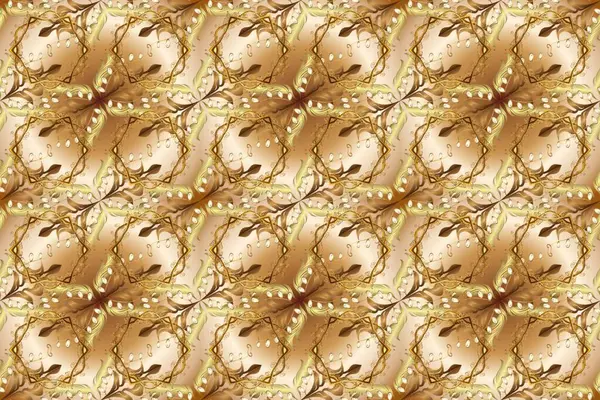 Süslü dekorasyon. Bej, kahverengi ve altın elementli nötr renklerde altın desenler. Lüks, kraliyet ve Viktorya dönemi konsepti. Raster klasik barok çiçeksiz altın desenli..