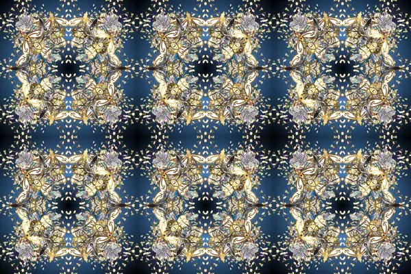 Raster Golden Mehndi kusursuz desen. Bej, gri ve mavi renklerde desen. Kına dövmeli süs çiçekleri, altın çıkartmalar, mehndi ve yoga tasarımı, kartlar ve parmak izleri..