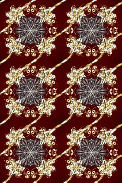 Damask kusursuz yinelenen arkaplan. Barok tarzında altın çiçekli süs. Doku arka planında altın duvar kâğıdı. Kahverengi, kırmızı ve bej renklerde altın element.