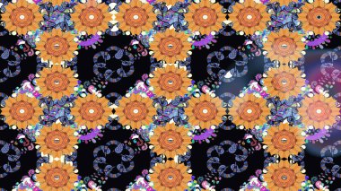 Raster illüstrasyonundaki çiçek desenli çizim. Düz Çiçek Elementleri Tasarımı. Renkli Bahar Teması eskiz kalıbı. Siyah renkte çiçekler.